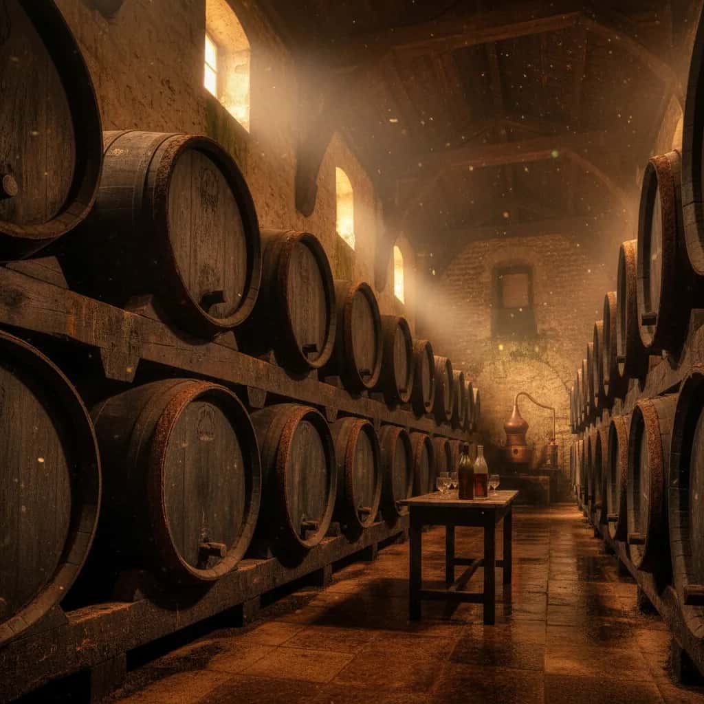 Oak barrels aging in a Charente cognac cellar