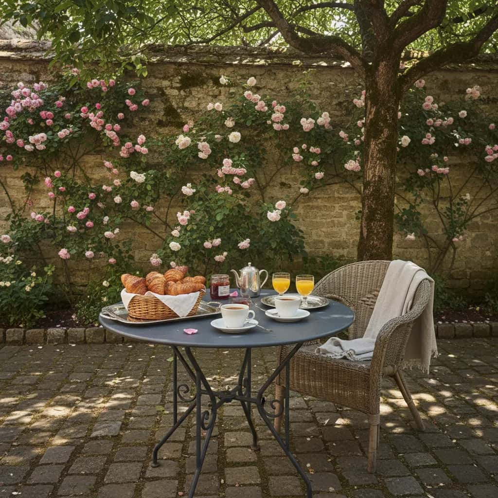 Morning coffee in a French chateau courtyard garden