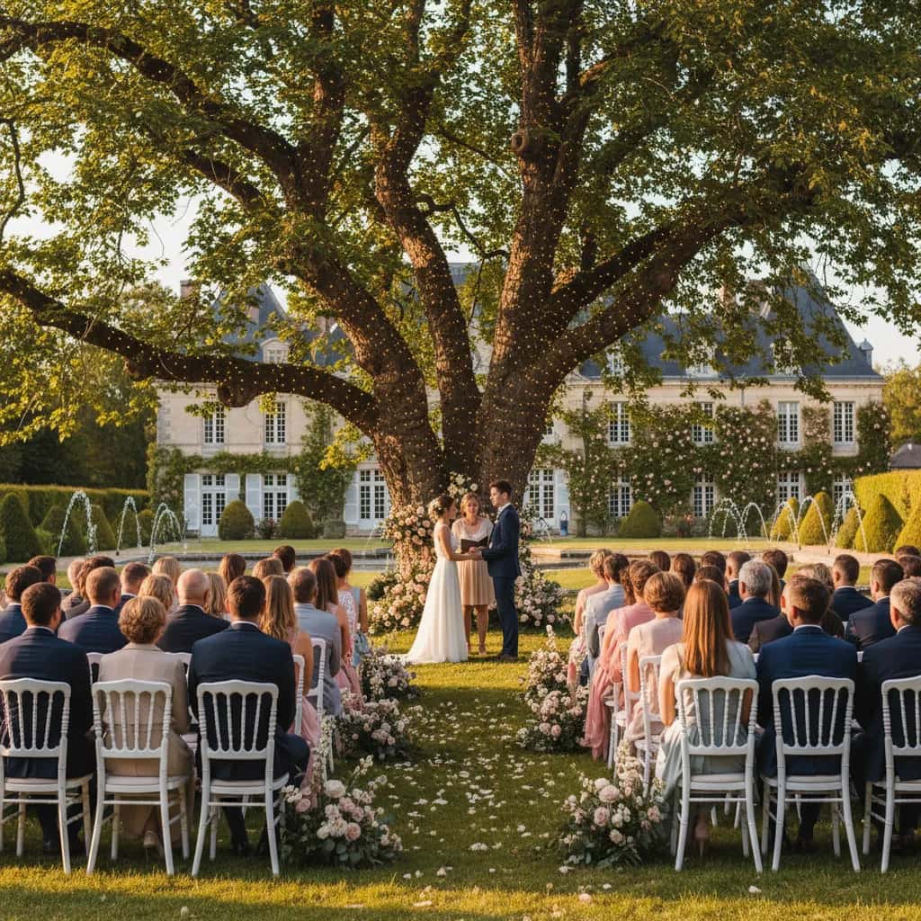 Intimate garden ceremony under a linden tree at golden hour