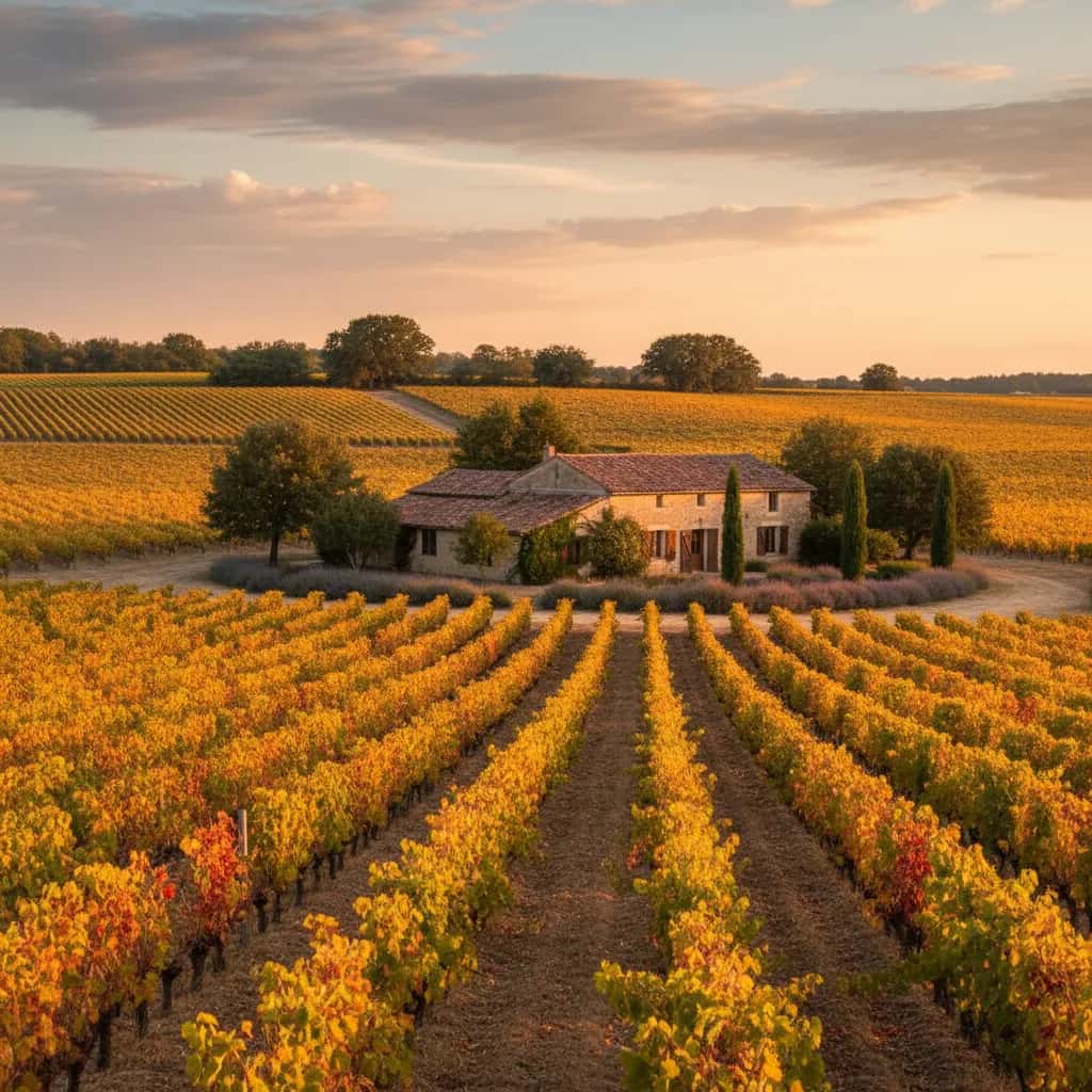 Vineyard in the Charente countryside at golden hour